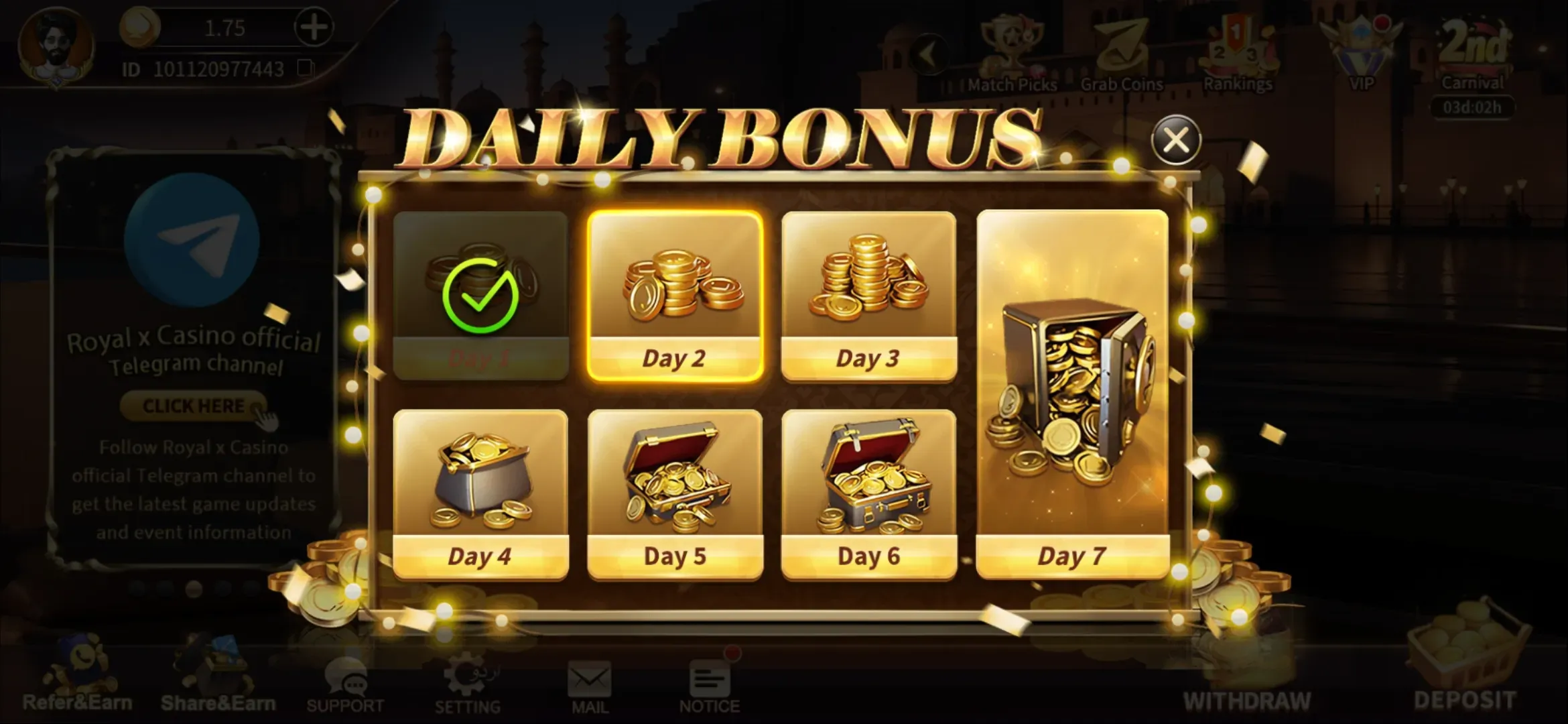 Claim Daily Free Coins and Login Rewards on Royal X Casino