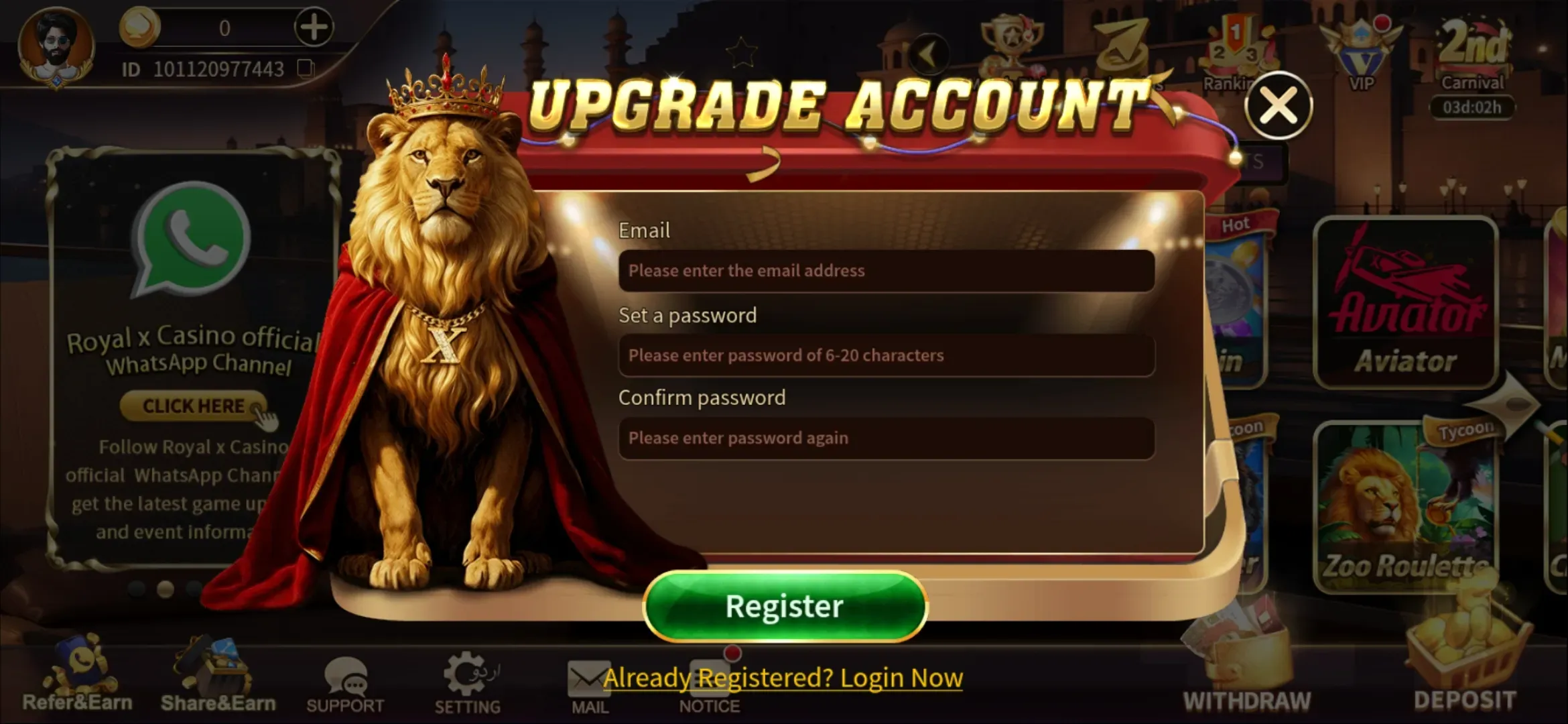 Royal X Casino App Secure Login Screen and Player Dashboard Interface